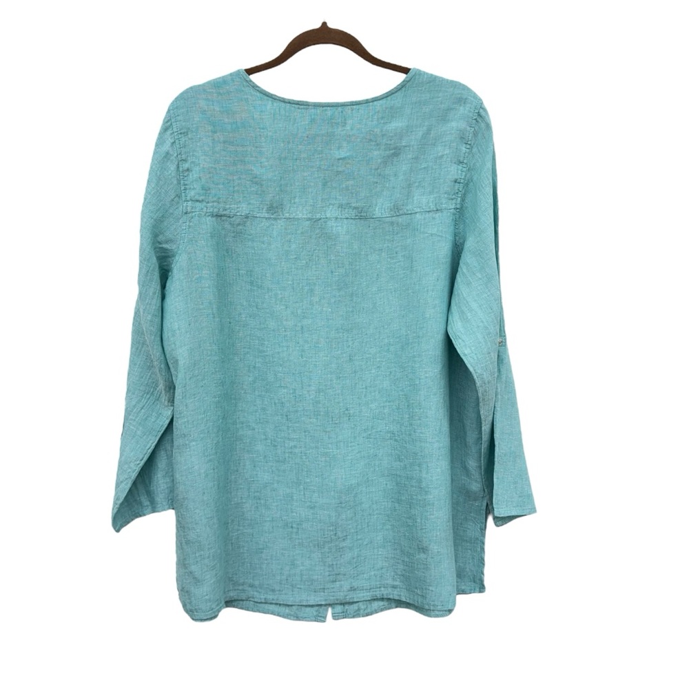 Tahari Teal Linen Button Down Top - Picture 3 of 11